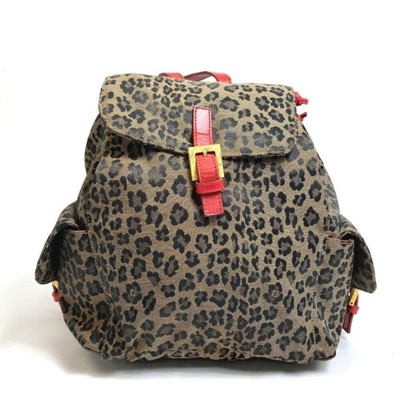 FENDI Leopard pattern Backpack Canvas/Leather Brown x Red - Picture 1 of 12